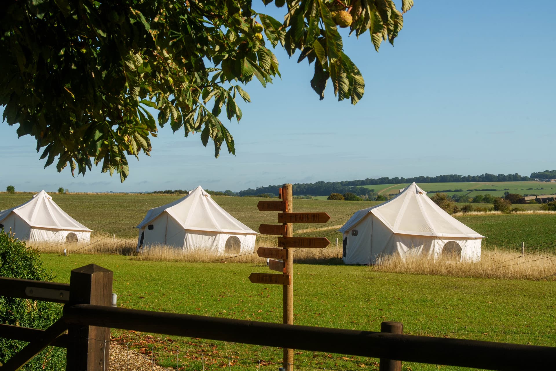 The bell tents pitched in the meadow below the shepherd huts